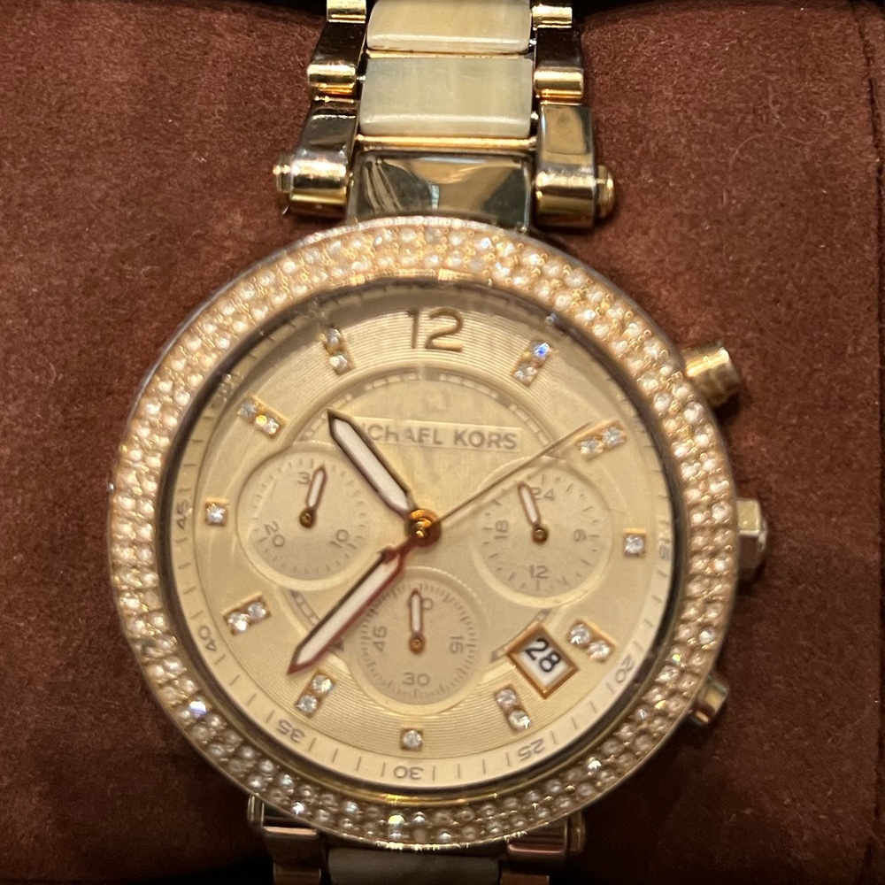 Michael Kors Parker White Dial Two Tone Steel Strap Watch For Women